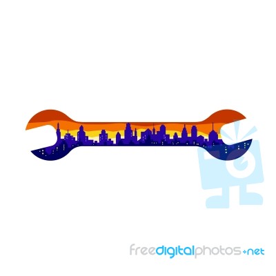 Wrench With Cityscape Buildings Silhouette Retro Stock Image
