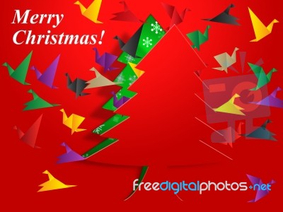 Xmas Tree Means Birds In Flight And Festive Stock Image