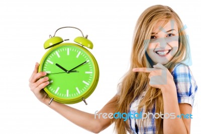 Young Girl Point The Alarm Stock Photo
