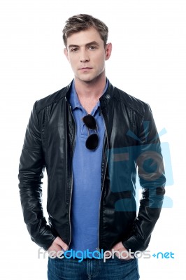 Young Man Wearing Leather Jacket Stock Photo