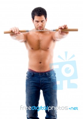 Young Man With No Shirt Battle Pose Stock Photo