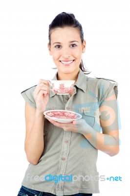 Young Smiled Girl Holding A Teapot Stock Photo