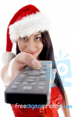 Young Woman Holding Remote Stock Photo