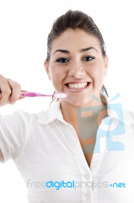 Young Woman Holding Toothbrush Stock Photo