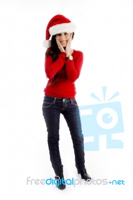 Young Woman Wearing Christmas Hat Stock Photo