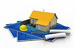 3d House And Blueprints Stock Photo