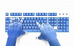 3dwire-frame Hands Typing On A Blue Keyboard Stock Photo