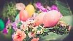 A Few Colorful Easter Eggs At The Green Garden Happy Easter Stock Photo