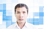 Asian Mans Face With Futuristic Background Stock Photo
