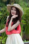 Asian Woman Wearing A Cute Hat Fashion Stock Photo