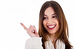 Attractive Female Model Smiling And Pointing Stock Photo