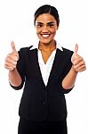 Attractive Woman Showing Double Thumbs Up Stock Photo