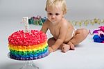 Baby Girl Celebrating Her First Bithday With Gourmet Cake And Ba Stock Photo