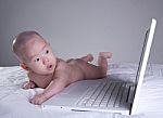Baby Girl Interested In Computer Stock Photo