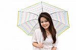 Beautiful Young  Woman On White Background With Cute Umbrella Stock Photo