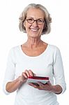 Bespectacled Lady Posing With Tablet Pc Stock Photo