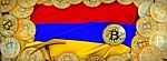 Bitcoins Gold Around Armenia  Flag And Pickaxe On The Left.3d Il Stock Photo