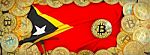 Bitcoins Gold Around East Timor  Flag And Pickaxe On The Left.3d Stock Photo