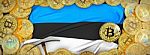 Bitcoins Gold Around Estonia  Flag And Pickaxe On The Left.3d Il Stock Photo