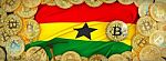 Bitcoins Gold Around Ghana  Flag And Pickaxe On The Left.3d Illu Stock Photo