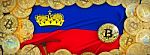 Bitcoins Gold Around Liechtenstein  Flag And Pickaxe On The Left Stock Photo