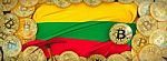 Bitcoins Gold Around Lithuania  Flag And Pickaxe On The Left.3d Stock Photo