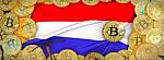 Bitcoins Gold Around Netherlands  Flag And Pickaxe On The Left.3 Stock Photo
