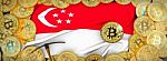 Bitcoins Gold Around Singapore  Flag And Pickaxe On The Left.3d Stock Photo