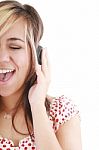 Brunette Is Listening To Music Stock Photo