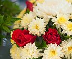 Bunch Of Vivid Flowers, Selective Focus Red Roses.  Stock Photo