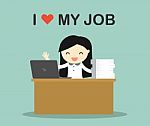 Business Concept, Business Woman Working On Her Desk With Wording "i Love My Job" Stock Photo