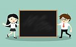 Business Concept, Businessman And Business Woman Holding Blackboard For Presentation Stock Photo