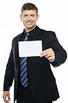 Business Consultant Presenting Blank Placard Stock Photo
