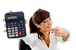 Business Lady Pointing Calculator Stock Photo