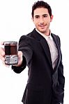 Business Man Showing A Mobile Phone Stock Photo