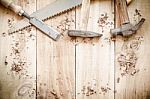 Carpenter Tools,hammer,nails,shavings, And Chisel On Wooden Stock Photo