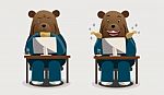 Cartoon Bear Businessman Showing Emotions Of Thinking And Happy Stock Photo