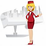 Cartoon Cute Air Hostess With Airport Background Stock Photo