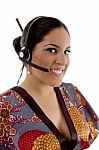 Chinese Call Center Female Talking On Microphone Stock Photo