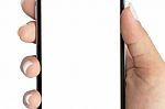 Close Up Hand Holding Phone White Screen Isolated White With Clipping Patch Stock Photo