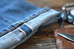 Close Up Of Denim Jeans Red Selvedge Stock Photo