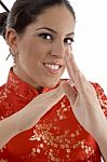 Close Up Of Female Showing Karate Gesture Stock Photo