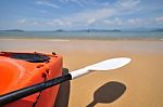 Close-up Side Of Kayak Boat With Paddle Stock Photo