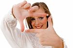 Close View Of Smiling Woman Showing Framing Hand Gesture Stock Photo