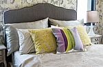 Colorful Pillow On Bed Stock Photo