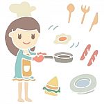 Cute Girl Cooking Breakfast, Cartoon Illustration Stock Photo