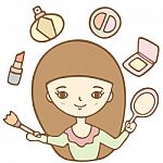 Cute Girl Doing Her Makeup With The Mirror, Cartoon Illustration Stock Photo