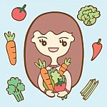Cute Girl With Vegetables, Cartoon Illustration Stock Photo