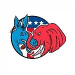 Donkey Biting Elephant Trunk American Flag Drawing Stock Photo