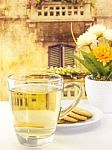 Drink Hot Tea With Cracker Stock Photo